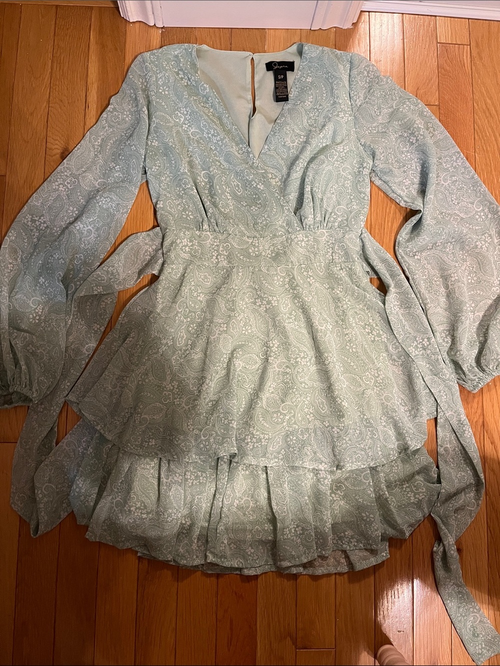 Japna sage green paisley print long sleeve flowy dress